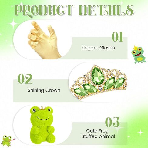 Preboun Princess Costume Accessories for Women, Includes Green Tiara Crown White Long Gloves Stuffed Frog Animal Set for Halloween Cosplay Opera Birthday Party in Saudi Arabia