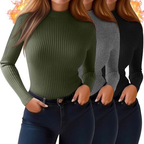 3 Pack Women's Plus Size Thermal Shirts Cotton Ribbed Long Sleeve T Shirts Mock Turtleneck Tops Base Layer Tee in Kuwait