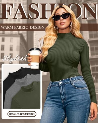 3 Pack Women's Plus Size Thermal Shirts Cotton Ribbed Long Sleeve T Shirts Mock Turtleneck Tops Base Layer Tee in Kuwait