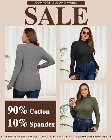 3 Pack Women's Plus Size Thermal Shirts Cotton Ribbed Long Sleeve T Shirts Mock Turtleneck Tops Base Layer Tee in Kuwait