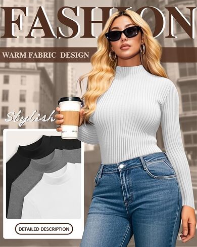 3 Pack Women's Plus Size Thermal Shirts Cotton Ribbed Long Sleeve T Shirts Mock Turtleneck Tops Base Layer Tee in Saudi Arabia