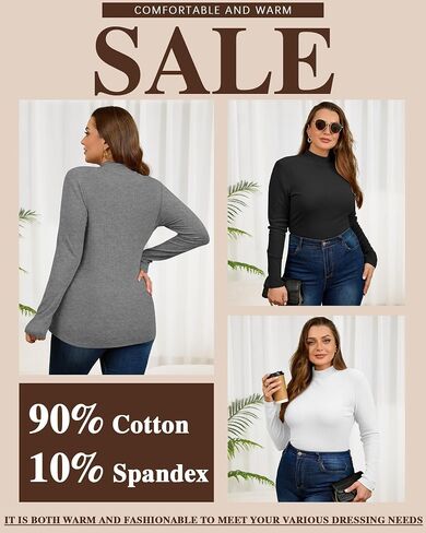 3 Pack Women's Plus Size Thermal Shirts Cotton Ribbed Long Sleeve T Shirts Mock Turtleneck Tops Base Layer Tee in Saudi Arabia