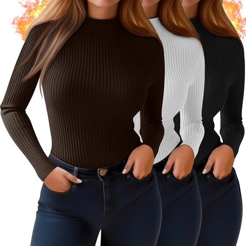 3 Pack Women's Plus Size Thermal Shirts Cotton Ribbed Long Sleeve T Shirts Mock Turtleneck Tops Base Layer Tee in Kuwait