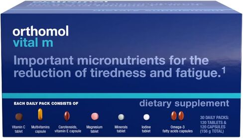 Orthomol Vital M Vial-مكملات فيتامين للرجال لمدة 30 يومًا مع A و B و C و D و E و K و Eodine و Omega-3-يدعم الطاقة والحيوية الذكور in Kuwait