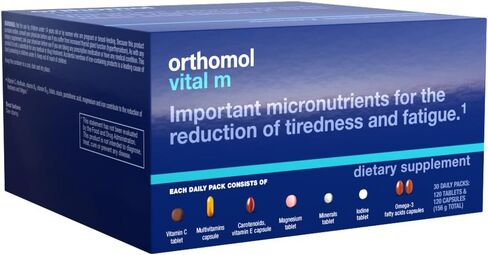 Orthomol Vital M Vial-مكملات فيتامين للرجال لمدة 30 يومًا مع A و B و C و D و E و K و Eodine و Omega-3-يدعم الطاقة والحيوية الذكور in Kuwait