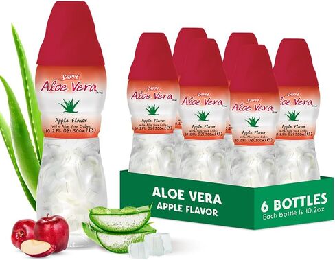 Aloe vera juice (Apple flavored) Aloe vera drink with pure aloe pulp (6 Packs) Plant based juice great for hydration and contains large aloe pulp. Aloe vera apple juice is healthy for adults and kids in Saudi Arabia