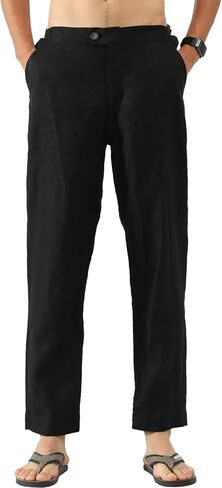 Men's 100% Linen Pants with Adjustable Tabs Breathable Mid-Weight Tapered Leg Trousers for Casual Office Travel in Kuwait