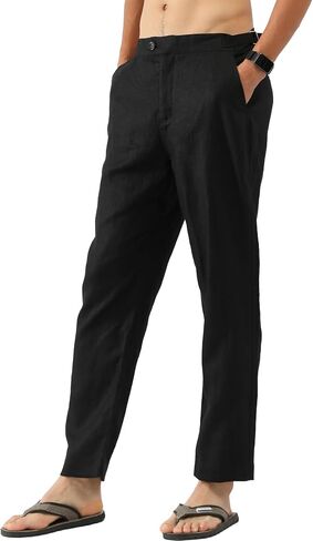 Men's 100% Linen Pants with Adjustable Tabs Breathable Mid-Weight Tapered Leg Trousers for Casual Office Travel in Kuwait
