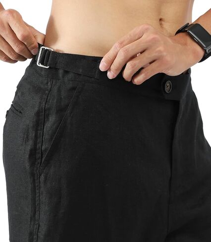 Men's 100% Linen Pants with Adjustable Tabs Breathable Mid-Weight Tapered Leg Trousers for Casual Office Travel in Kuwait