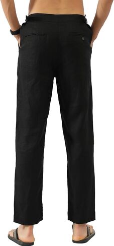 Men's 100% Linen Pants with Adjustable Tabs Breathable Mid-Weight Tapered Leg Trousers for Casual Office Travel in Kuwait
