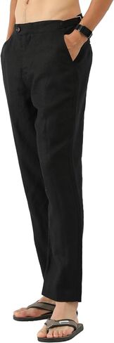 Men's 100% Linen Pants with Adjustable Tabs Breathable Mid-Weight Tapered Leg Trousers for Casual Office Travel in Kuwait