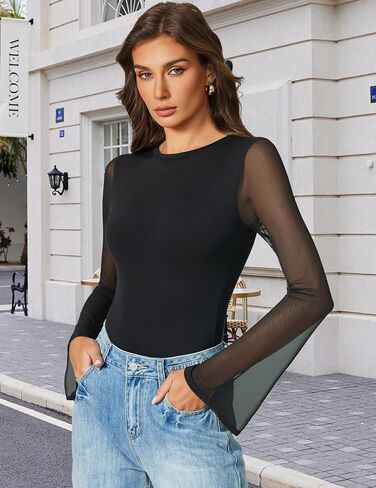 Avidlove Women's Bell Long Sleeve Bodysuits Thong Crew Neck Mesh Body Suit Going Out Leotard Tops in Kuwait