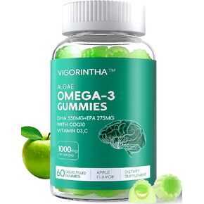 2 Pack Vegan Omega 3 Gummies 1000mg with Coq 10, Vitamin D3,E,C,Omega 3 Fish Oil Alternative for Adults, Plant Based DHA 550mg & EPA 275mg for Brain, Mobility, Eye, Sugar Free, 120 Count in Saudi Arabia