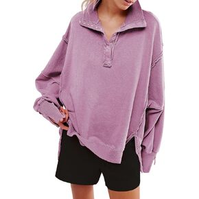 Women's Oversized V Neck Henley Pullover Sweatshirt Trendy Button Up High Low Split Casual Fall Top 2025 in Saudi Arabia