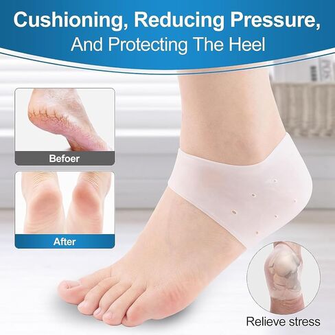 HEBEICRMY Silicone Heel Covers, Heel Cups, Plantar Fasciitis, Heel Pads, Cracked Heels & Achilles Tendinitis for Men and Women (1 Pair Blue and 1 Pair White) in Kuwait