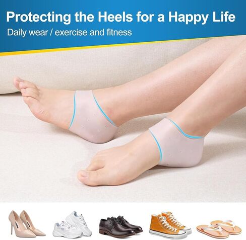 HEBEICRMY Silicone Heel Covers, Heel Cups, Plantar Fasciitis, Heel Pads, Cracked Heels & Achilles Tendinitis for Men and Women (1 Pair Blue and 1 Pair White) in Kuwait