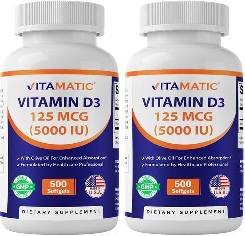 Vitamatic Vitamin D3 5000 IU (125 ميكروجرام) - 500 كبسولة هلامية (معتمدة على زيت الزيتون) - كمية كافية لمدة 500 يوم - لوظيفة العضلات الصحية ودعم المناعة، غير معدلة وراثيًا، خالية من الغلوتين في كبسولات هلامية صغيرة مضغوطة على البارد in Kuwait