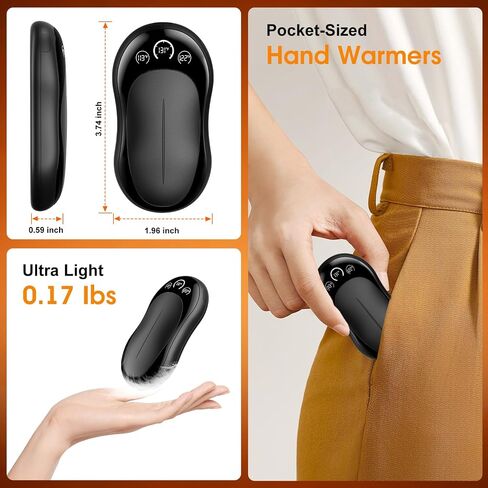 Rechargeable Hand Warmers 2 Pack, 6000mAh UL Certified Safe Electric Hand Warmers with 3-Temp Display, Ultra-Slim Portable Pocket Heater, Outdoor/Hunting Essentials, Gifts for Christmas Men & Women in Saudi Arabia