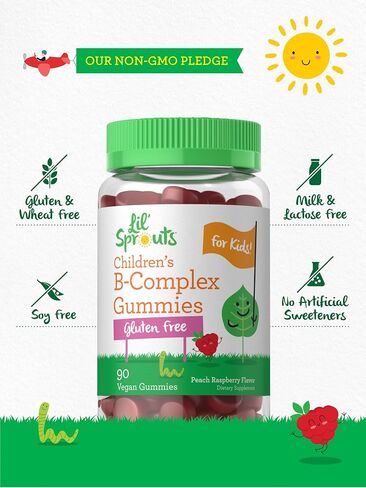 Carlyle Kids B Complex Gummies | 100 Count | Vegan | Natural Peach Raspberry Flavor | Non-GMO, Gluten Free | by Lil Sprouts in Saudi Arabia