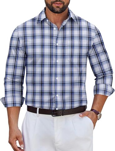 COOFANDY Mens Dress Shirts Long Sleeve Plaid Cotton Button Down Shirts Wrinkle Free Business Casual Shirt in Saudi Arabia