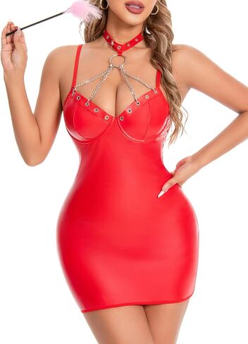 Aranmei Sexy Strappy Faux Leather Lingerie Set Backless Halter Mini Dress & Thong 2 Piece Outfit Chocker in Saudi Arabia