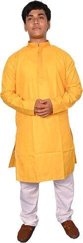 Men's Cotton Solid Indian Kurta Pajama Set with Neck Embroidery Mandarin Collar Casual Fashion Gift for Men in Kuwait
