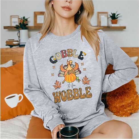 MYHALF Gobble Til You Wobble Shirt Womens Thanksgiving Sweatshirt Funny Turkey Day Sweaters Fall Long Sleeve Pullover Tops in Saudi Arabia