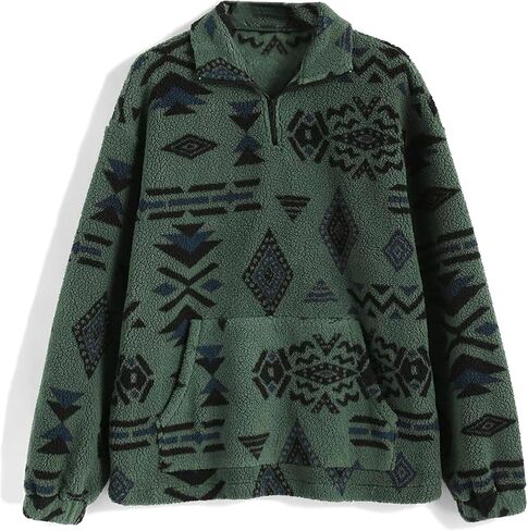 ZAFUL Sweatshirt for Women Oversized Quarter Zip Pullover with Pockets, Long Sleeve Ethnic Aztec Print Faux Fur Crop Top in Saudi Arabia