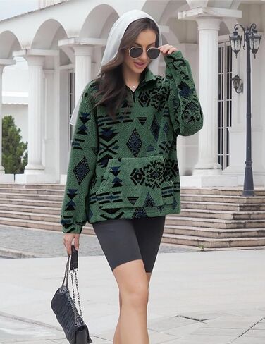 ZAFUL Sweatshirt for Women Oversized Quarter Zip Pullover with Pockets, Long Sleeve Ethnic Aztec Print Faux Fur Crop Top in Saudi Arabia