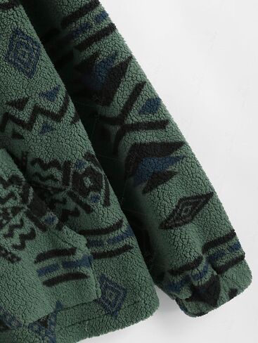 ZAFUL Sweatshirt for Women Oversized Quarter Zip Pullover with Pockets, Long Sleeve Ethnic Aztec Print Faux Fur Crop Top in Saudi Arabia