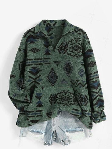 ZAFUL Sweatshirt for Women Oversized Quarter Zip Pullover with Pockets, Long Sleeve Ethnic Aztec Print Faux Fur Crop Top in Saudi Arabia