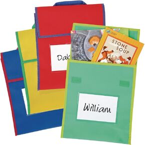 Really Good Stuff - 301472 Store More Medium Book Pouches – Send Home Books and Homework in Durable Fabric Book Bag – Stitched-On Handle, Clear Name Tag Pocket, Primary Colors, 10"x1"x12" (Set of 4)