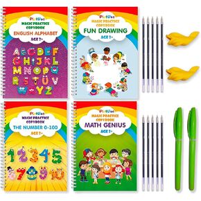 Magic Practice Copybook Reusable Writing Practice Book - Magical Handwriting Workbooks Magic Copy Book - Grooves Template Design for Kids Age 3-8 Magic Pens 4 Books 7.8x5.11inch in Kuwait