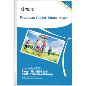 Uinkit Glossy Inkjet Photo Paper 8.5X14 Inches 48lb 100 Sheets Professional Glossy Photographic Paper Compatible with Inkjet Printer Use DYE INK 180gsm Legal Size