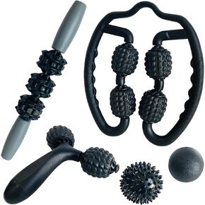 Socpuro 5Pcs Massage Foam Roller Tool Set Includes Trigger Point Massage Foam Roller, Y-Shaped Handheld Roller, Muscle Roller Stick, 2 Massage Balls for Muscle Pain Relief, Body Shaping(Black)