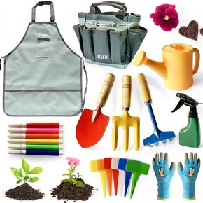IELEK Kids Garden Tools Set Includes Rake, Shovel, Trowel, Apron Gloves Watering Can and Tote Bag, Children Hat, Spray Bottle, Toddler Gardening Tools Best Outdoor Toys Gift for Boys and Girls