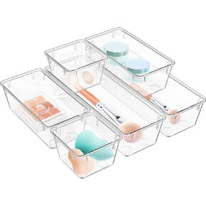 6 Pack Clear Drawer Organizer Set, Acrylic Drawer Storage Trays, Storage Bins for Makeup, Cosmetics, Jewelries, Utensils, Gadgets, Office