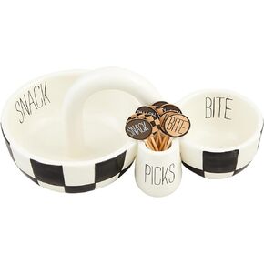 Mud Pie Double Dip Set, dish 4" x 8 3/4" | toothpick 3 1/4", BLACK
