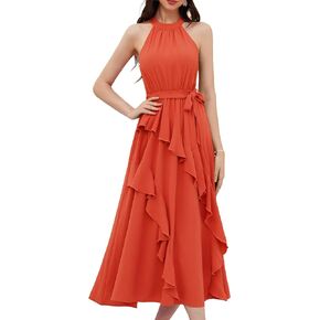 GRACE KARIN Women's 2024 Summer Sleeveless Halter Neck Ruffle Hem Split Flowy Swing Long Midi Dress with Belt