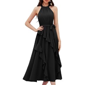 GRACE KARIN Women's 2024 Summer Sleeveless Halter Neck Ruffle Hem Split Flowy Swing Long Midi Dress with Belt