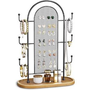 bussdis Jewelry Holder Organizer Earring Display - Stands Earring Storage Earring tree Hanger Jewelry Towers Rack with 6 Hooks 300 Stud Holes Wood Tray for Necklaces Bracelets Rings