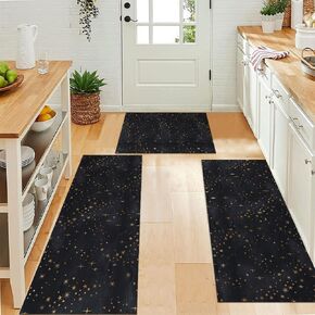 JUST BREATHE Starry Night Sky Kitchen Rugs - Set of 3, Low Pile, Non Slip, Thin & Absorbent Mats for Kitchen Floor, Mountain Sunset Floor Mat Soft Carpet, Black/Gold