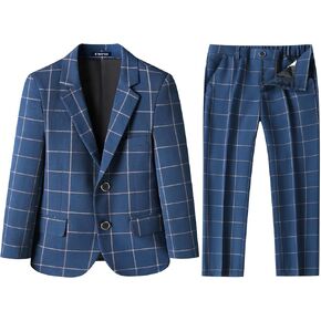 Boys Plaid Slim Fit Suit Formal Dress Clothes 2 Piece Tuxedo Suits Set for Boy Wedding Guest Outfit