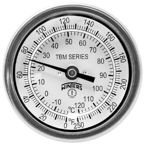 Winters TBM Series Stainless Steel 304 Dual Scale Bi-Metal Thermometer, 2-1/2" Stem, 1/2" NPT Fixed Center Back Mount Connection, 3" Dial, 0-250 F/C Range