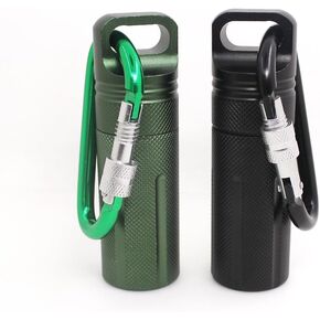 SENHAI Air-Tight EDC Accessory Case Waterproof Pill Capsule Fob Bottle, 2 Pack Aluminum Outdoor Dry Containers Match Seal Storage Case, with 2 Locking Carabiners - Black, Green