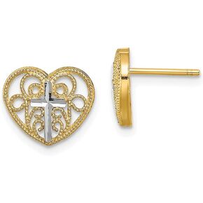 Jewels By Lux 14K Yellow Gold with Rhodium Heart Post White Cross Center Filigree Earrings