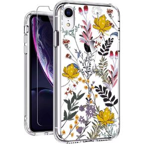 GiiKa iPhone XR Cases, iPhone XR Phone Case with Glass Screen Protector, Clear Yellow Floral Design Ultra-Thin Shockproof Protective for Women Girls iPhone XR 6.1 Inch 2018