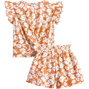 Arshiner Girls Shorts Sets 2 Pieces Outfits Twist Front Ruffle Sleeve T-Shirts and Shorts With Pockets Cute Clothes Sets