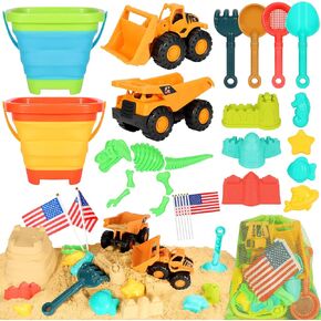 HUITEM Beach Sand Toys for Kids, 29PCS Sandbox Toys with 2 Collapsible Bucket Sand, 2 Dump Truck, Dinosaur Sand Molds, Sand Castle Kit, Shovel Sieve,Flags,Mesh Bag Travel Beach Toys for Toddler 3-10