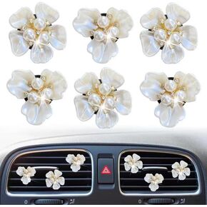 Bling Daisy Air Vent Clips, 6 Pcs Pearl Flower Car Air Fresheners Vent Clips Cute Car Diffuser Vent Clip Rhinestone Car Decoration Car Interior Decor Car Accessories for Women (White)